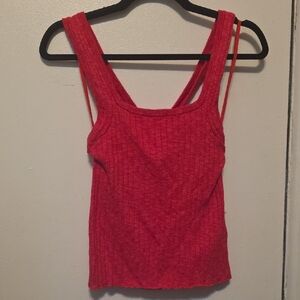 Red Ribbed Square-Neck Tank Top